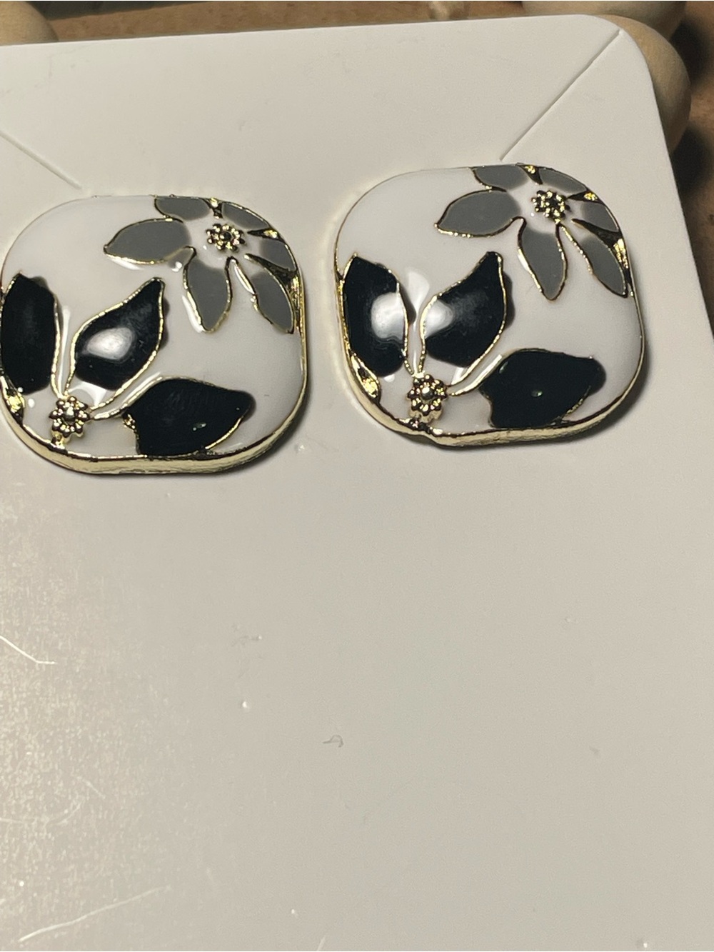 Gold-Trim White Enamel Floral Stud Earrings with Black Accents